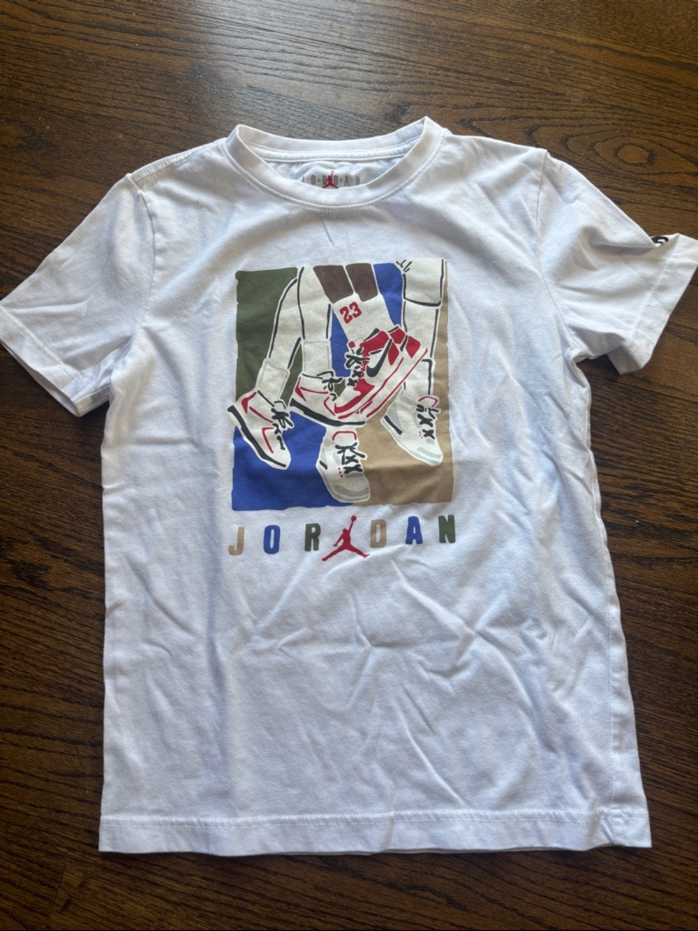 Jordan White Tee with Red, Blue and Olive Graphic